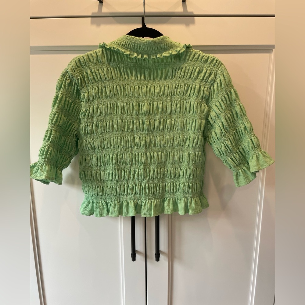 Maeve by Anthropologie Green Smocked Button-Front Ruffle Top – Size Small - Picture 3 of 5